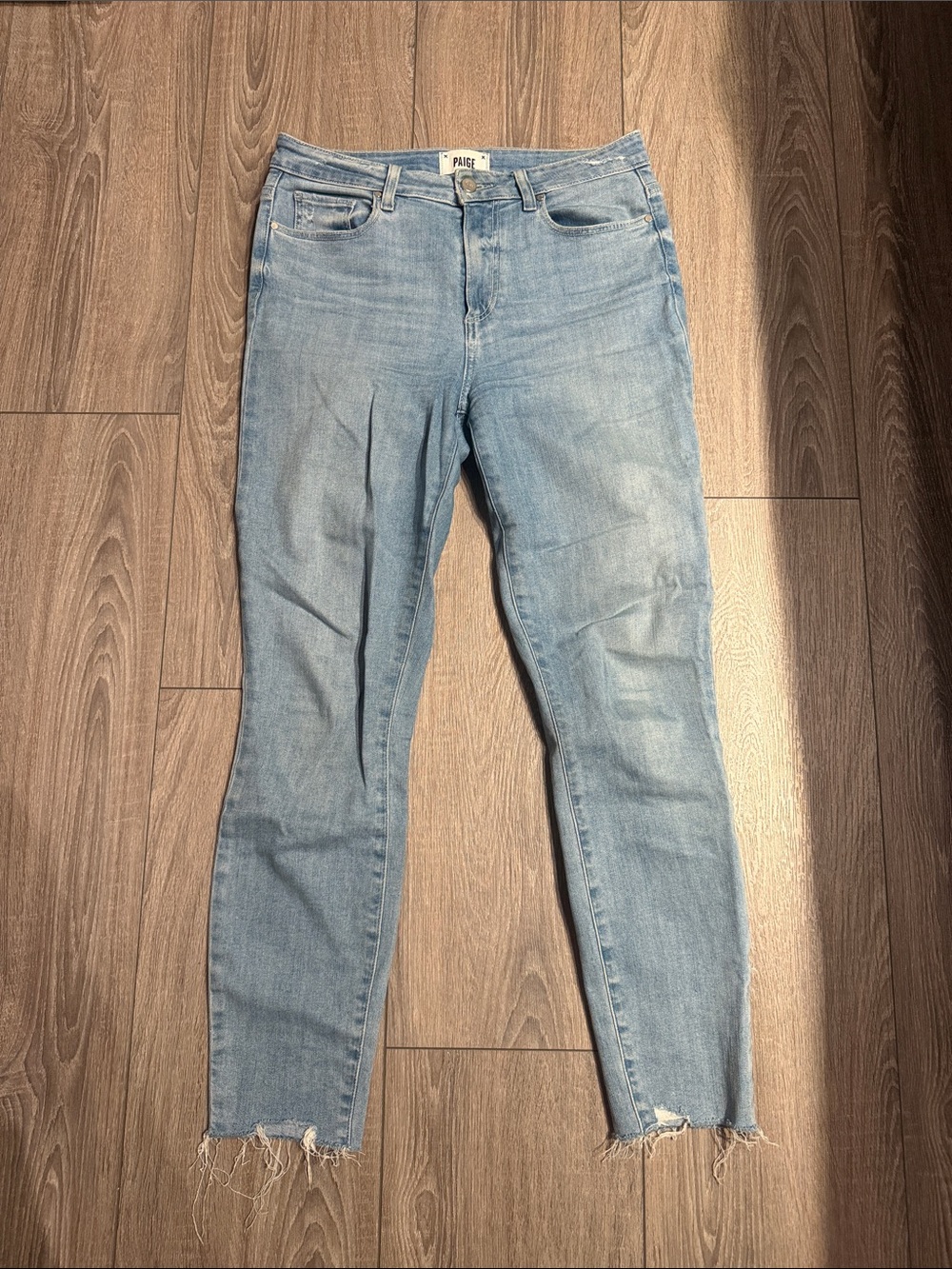 PAIGE Light Wash Cropped Straight Jeans Raw Hem Size 29